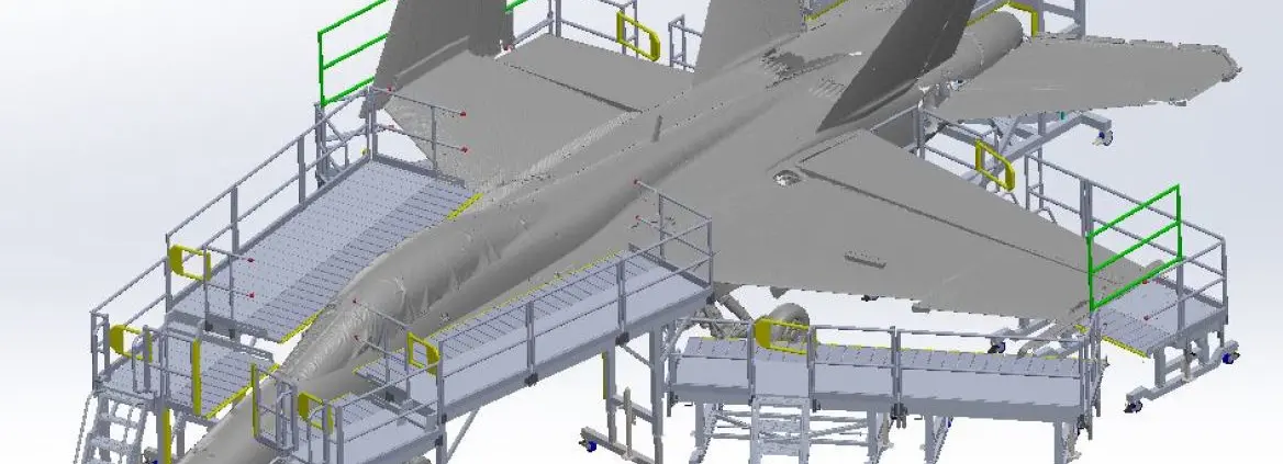 Aircraft in hangar with service structures