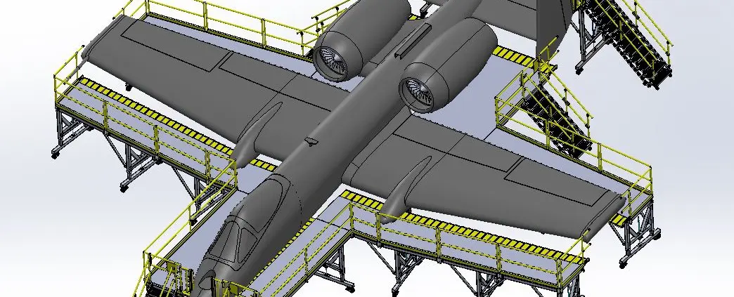 Jet surrounded by work platforms
