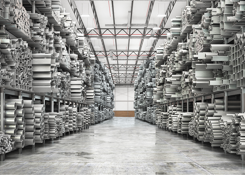 Large warehouse interior with metal supplies