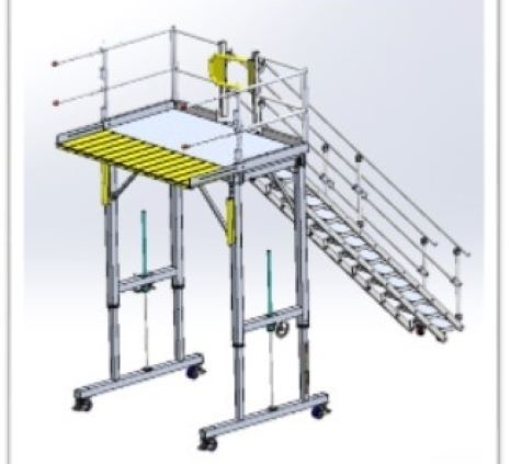 Portable metal staircase with handrails and wheels.