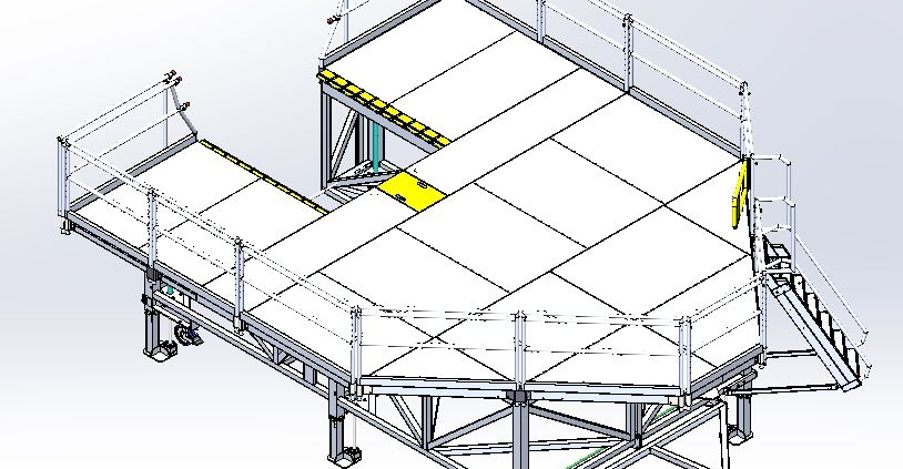 3D model of an industrial conveyor system with rollers and support structures.