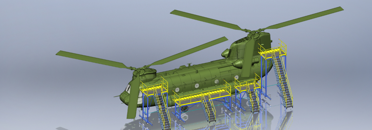 3D CAD model of a mechanical assembly with green and blue components.