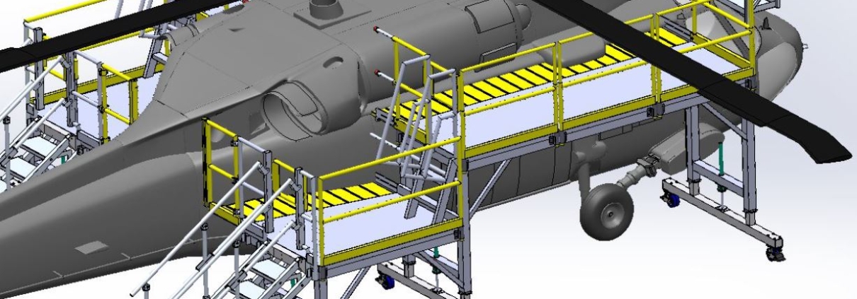 Mobile aircraft maintenance platform with stairs and safety railings.