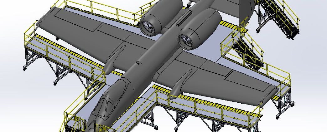 Jet surrounded by work platforms