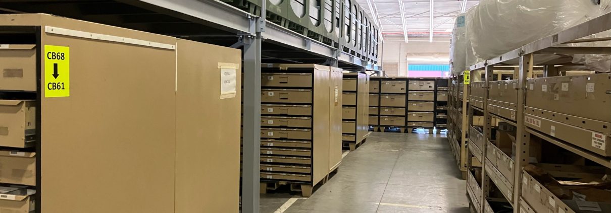 Warehouse storage shelves filled with boxes