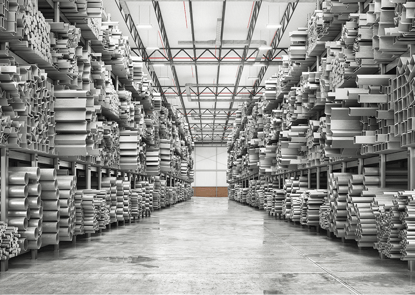 Large warehouse interior with metal supplies