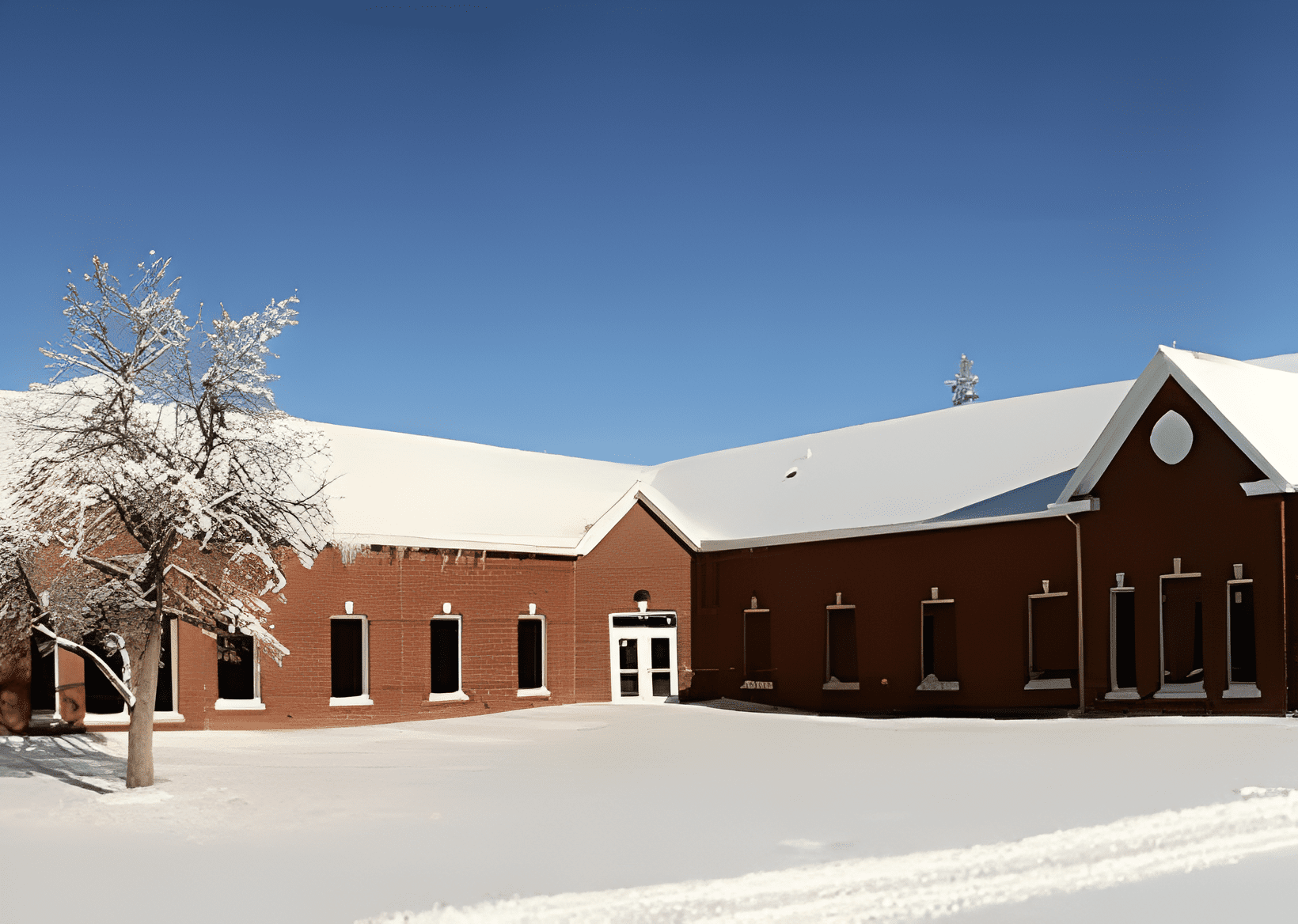 Snow-covered red brick building and tree.