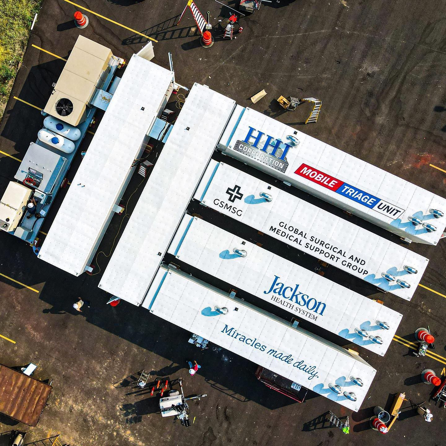 Aerial view of mobile medical triage unit.