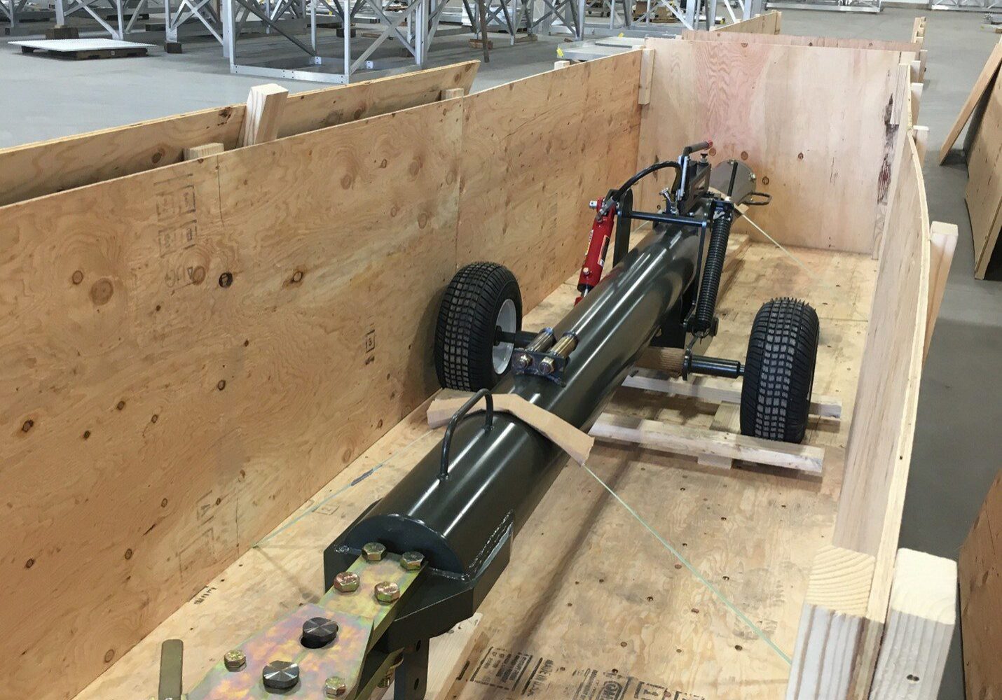 Equipment packed in a wooden shipping crate.