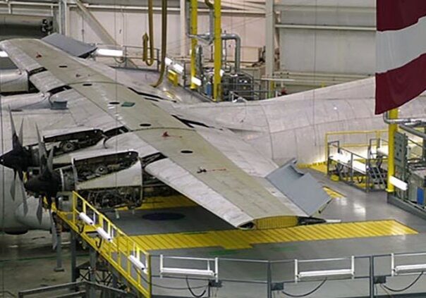 Airplane wing repair in progress