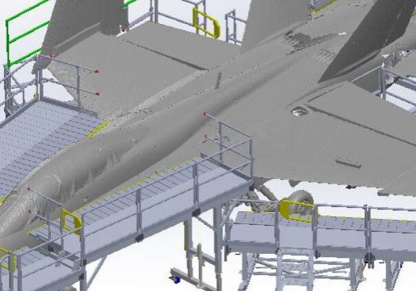 Aircraft in hangar with service structures
