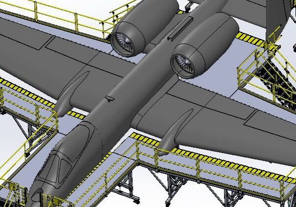 Jet surrounded by work platforms