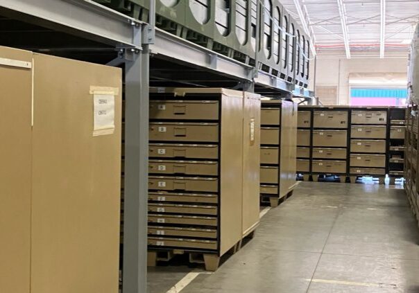 Warehouse storage shelves filled with boxes