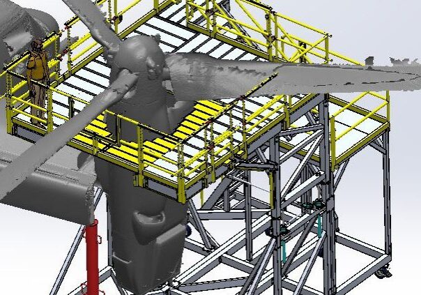 Yellow railings on aircraft maintenance structure